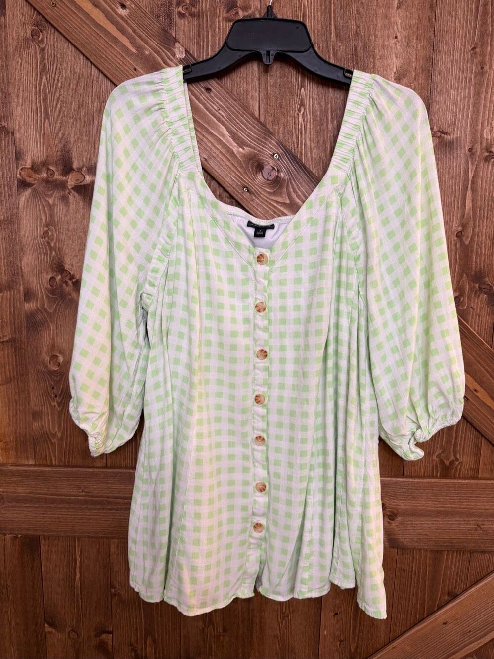 Torrid Size 2X Green White Gingham Button Front Babydoll Top Puff Sleeve (9144)